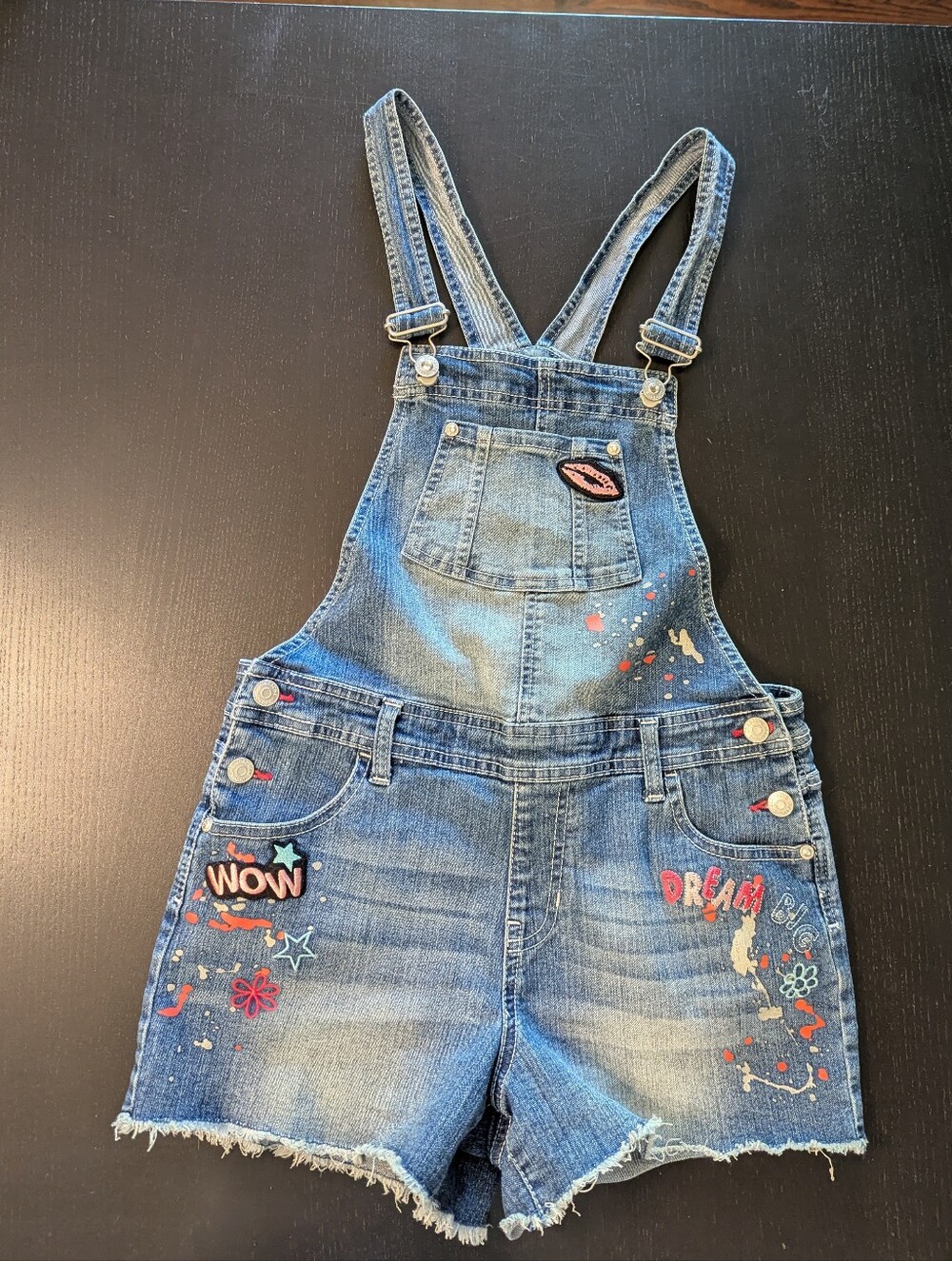 Y2K 14/16 Girls XL Jordache Denim Short Overalls Patches Splatter Raw Hem